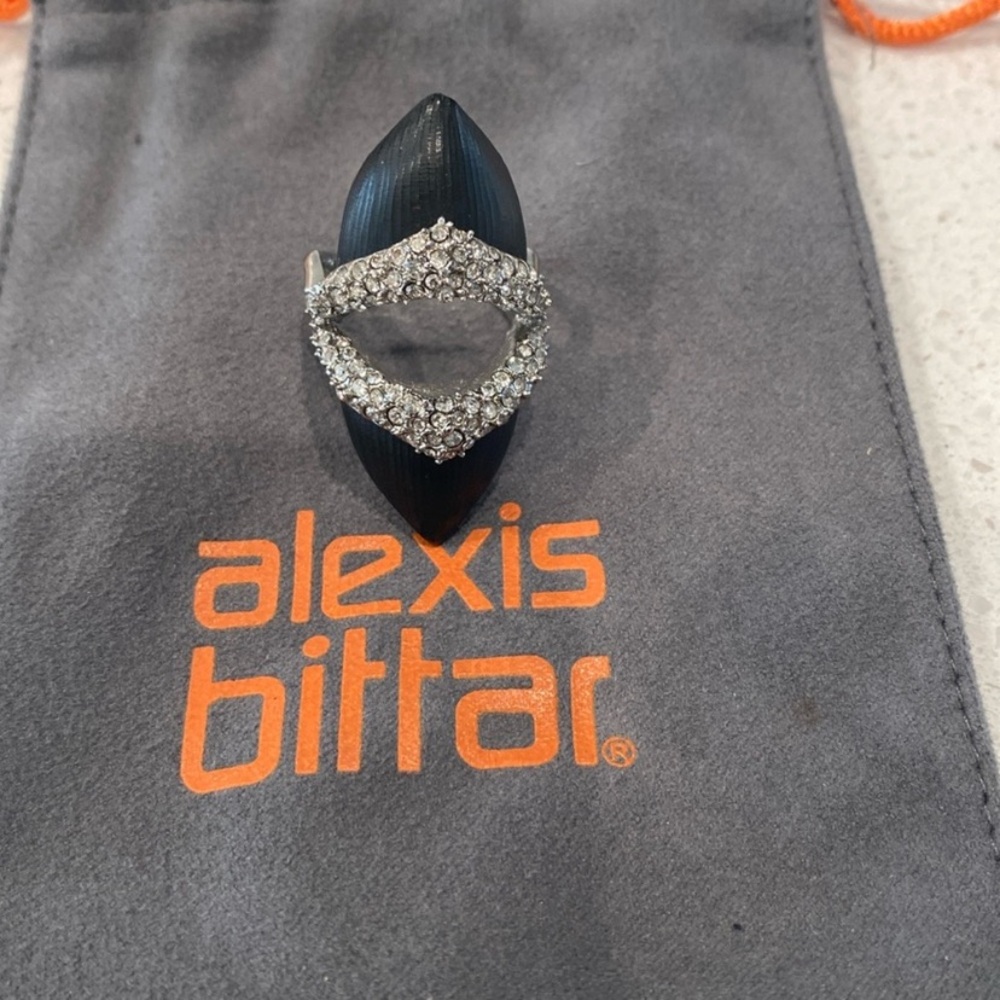 Alexis Bittar Black Lucite Ring with Crystals in Silver Tone Setting. Sz 8